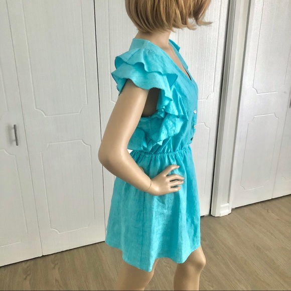 On the Road Aquamarine Linen Ruffle Dress - Picture 2 of 8